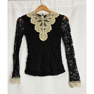Victorian Black Lace Top Gold Pearl Beaded Collar Medium Whimsigoth Vampire